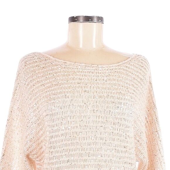 Ann Taylor Sequin Loose Knit Champagne Lurex Dolman Sweater Size M Wool Blend - Picture 3 of 9